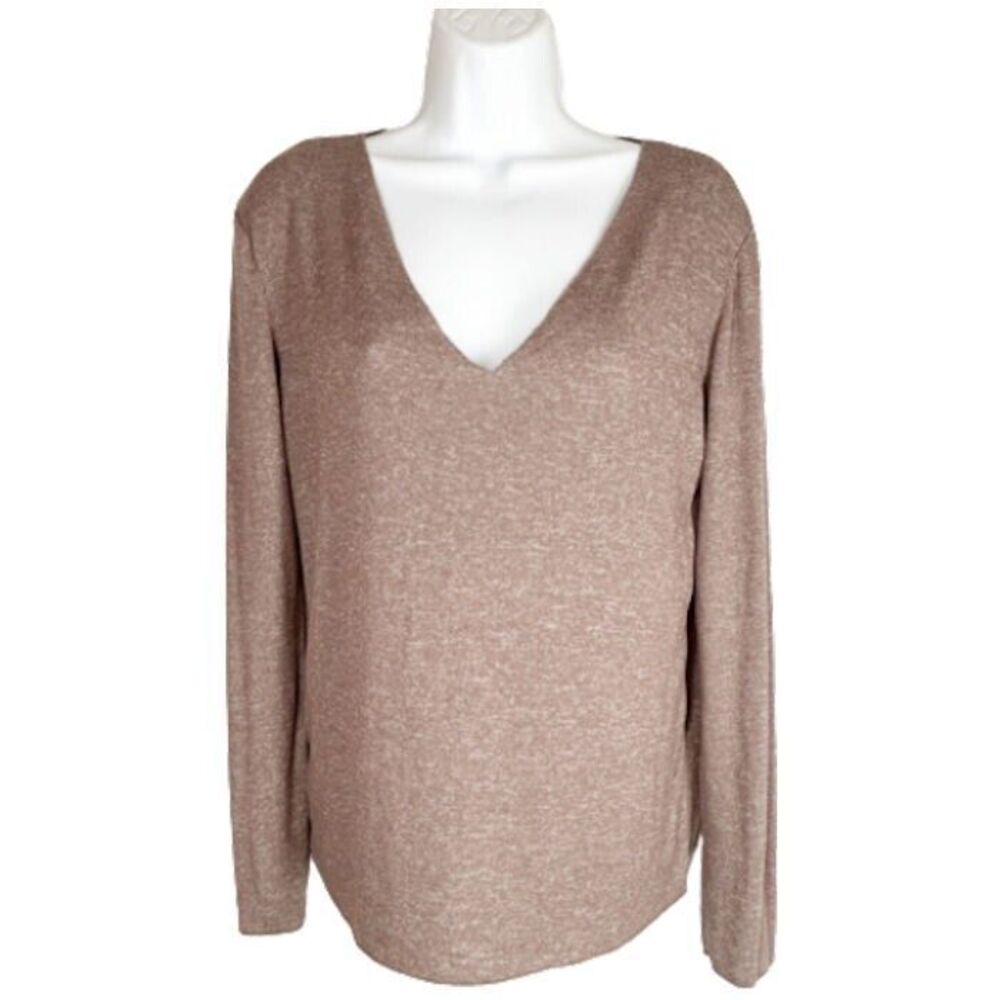 ZARA Sweater M Brown Heather Lightweight V Neck Viscose Stretch Raw Edge